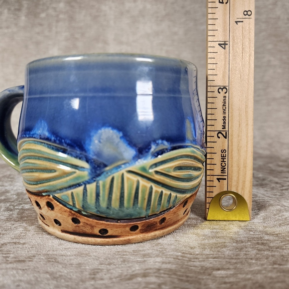 Studio Art Pottery Mug Blue Glaze Mountains Stamped Design Bottom 12oz Handmade - Picture 6 of 6